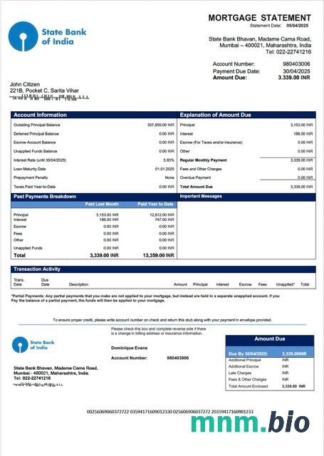 Indie State Bank of India wyciąg z kredytu hipotecznego szablon Word i PDF